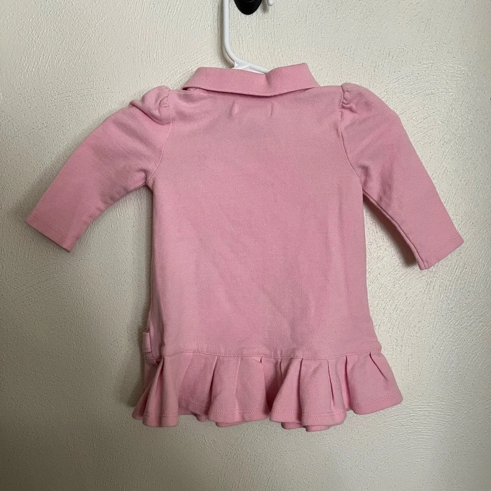 RALPH LAUREN Classic Long Sleeve Ruffle Drop Waist Polo Dress Pink Baby Girl 6mo